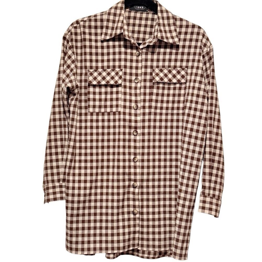 Cider Brown Check Plaid Womens Small Lightweight Button Down Tunic Shirt - Picture 2 of 7